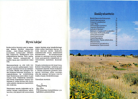 TVK-järjestöjen lomayhdistyksen esitteen saatekirjoitus vuodelta 1983. Sisällysluettelosta käyvät ilmi yhdistyksen lomakohteet.